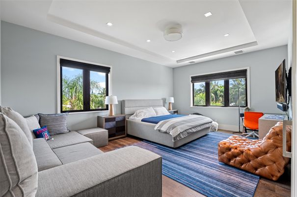 Bedroom, Interior, Recessed Lighting, Wood Texture Flooring