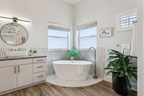 Bathroom, Dual Sink Vanities, Free Standing Baths, Interior, Wood Texture Flooring