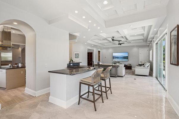 Interior, Kitchen, Living room, Recessed Lighting, Stainless Steel Appliances, Wood Texture Flooring