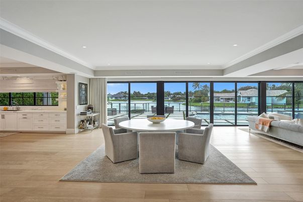 Dining room, Interior, Recessed Lighting, Water, Wood Texture Flooring