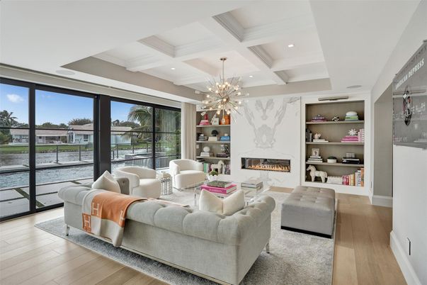 Fireplace, Interior, Living room, Pendant Lights, Recessed Lighting, Wood Texture Flooring