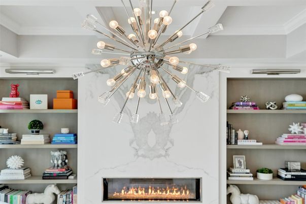 Fireplace, Interior, Marble Walls, Pendant Lights