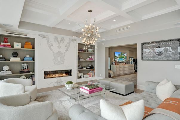Fireplace, Interior, Living room, Marble Walls, Pendant Lights, Recessed Lighting