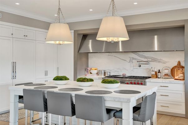 Interior, Kitchen, Marble Walls, Pendant Lights, Recessed Lighting, Stainless Steel Appliances, Wood Texture Flooring