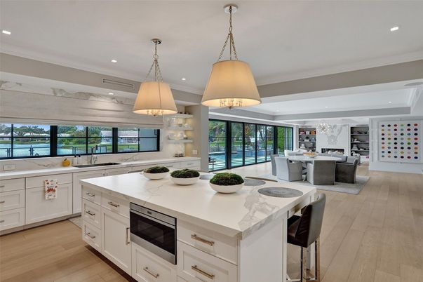 Dining room, Interior, Kitchen, Pendant Lights, Recessed Lighting, Water, Wood Texture Flooring