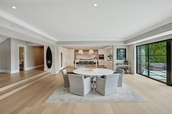 Dining room, Interior, Kitchen, Pendant Lights, Recessed Lighting, Wood Texture Flooring