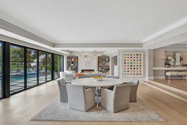 Dining room, Fireplace, Interior, Living room, Recessed Lighting, Wood Texture Flooring