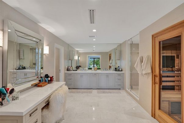 Bathroom, Dual Sink Vanities, Interior, Marble, Recessed Lighting