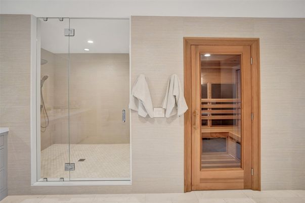 Bathroom, Glass Shower, Interior, Recessed Lighting, Sauna Room