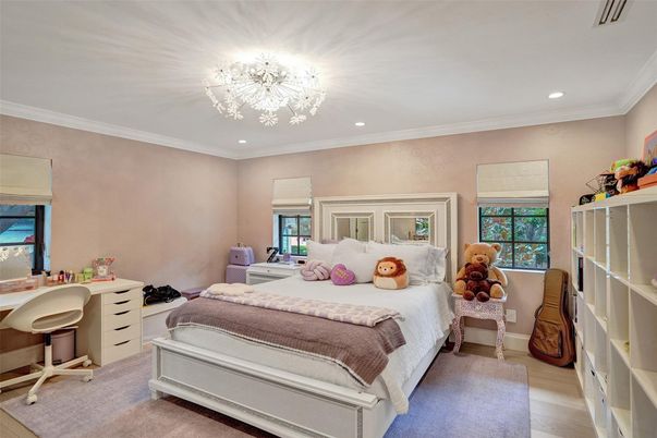 Bedroom, Chandelier, Home Office, Interior, Recessed Lighting, Wood Texture Flooring