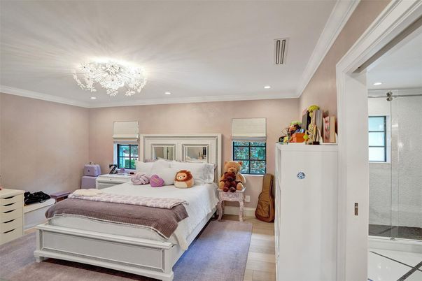 Bedroom, Chandelier, Interior, Recessed Lighting, Wood Texture Flooring