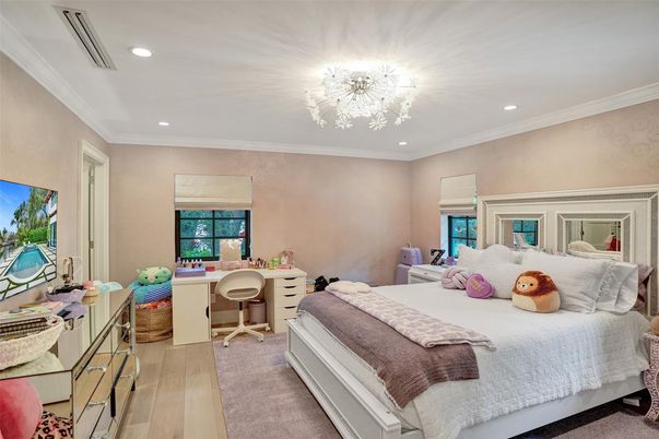 Bedroom, Chandelier, Home Office, Interior, Recessed Lighting, Wood Texture Flooring