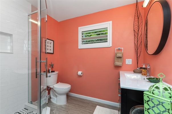 Bathroom, Glass Shower, Interior, Wood Texture Flooring