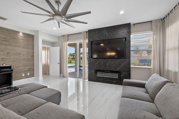 Fireplace, Interior, Living room, Marble, Marble Walls, Recessed Lighting, Wooden Walls