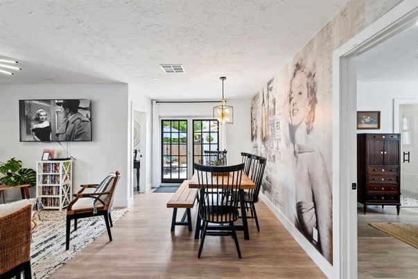 Dining room, Interior, Pendant Lights, Recessed Lighting, Wood Texture Flooring