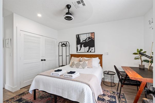 Bedroom, Dining room, Interior, Recessed Lighting, Wood Texture Flooring
