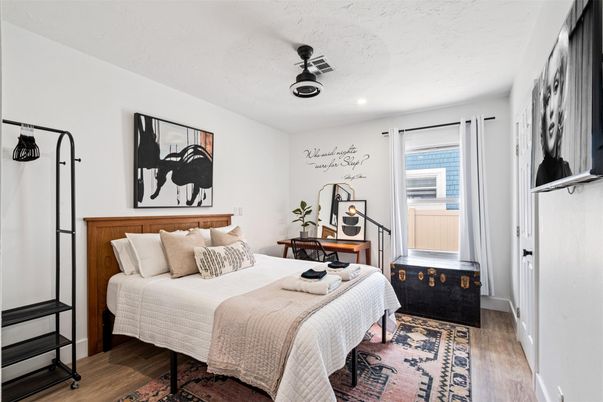 Bedroom, Interior, Recessed Lighting, Wood Texture Flooring