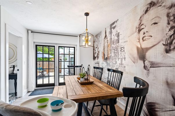 Dining room, Interior, Pendant Lights, Wood Texture Flooring