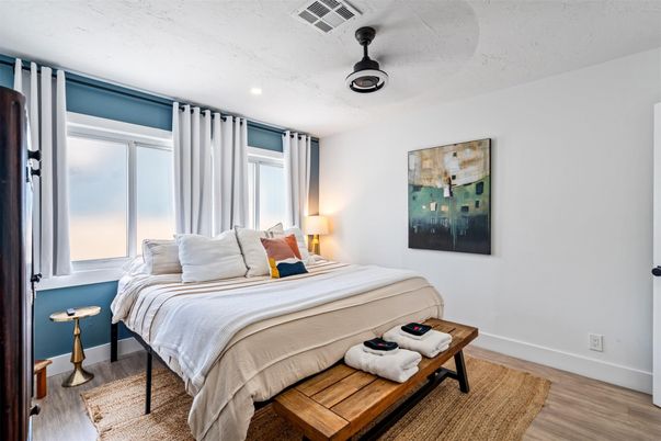 Bedroom, Interior, Recessed Lighting, Wood Texture Flooring