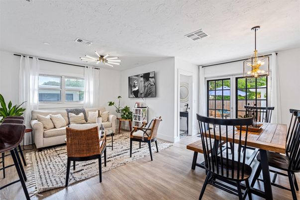 Dining room, Interior, Living room, Pendant Lights, Wood Texture Flooring