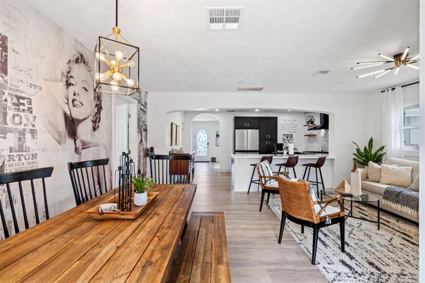 Dining room, Interior, Kitchen, Living room, Pendant Lights, Recessed Lighting, Wood Texture Flooring