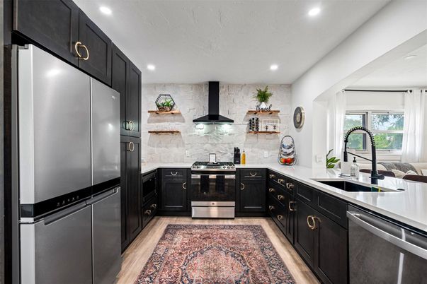 Interior, Kitchen, Recessed Lighting, Stainless Steel Appliances, Stone Walls, Wood Texture Flooring