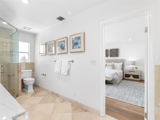 Bathroom, Bedroom, Glass Shower, Interior, Recessed Lighting, Wood Texture Flooring