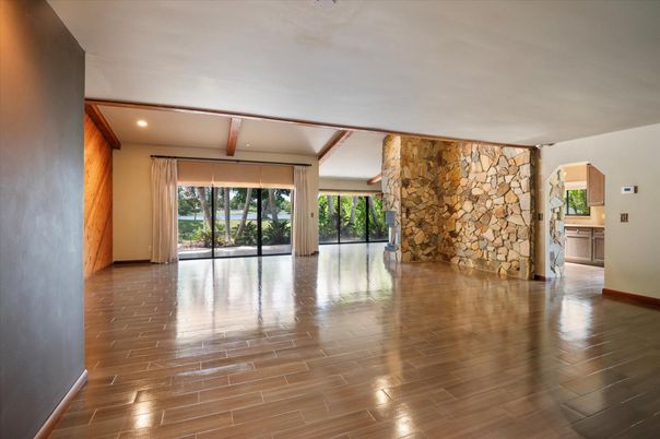 Empty room, Interior, Recessed Lighting, Stone Walls, Wood Texture Flooring