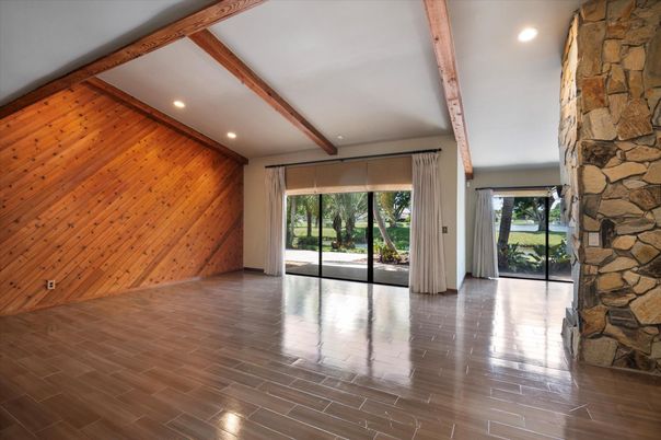 Empty room, Interior, Recessed Lighting, Stone Walls, Wooden Beams, Wood Texture Flooring, Wooden Walls