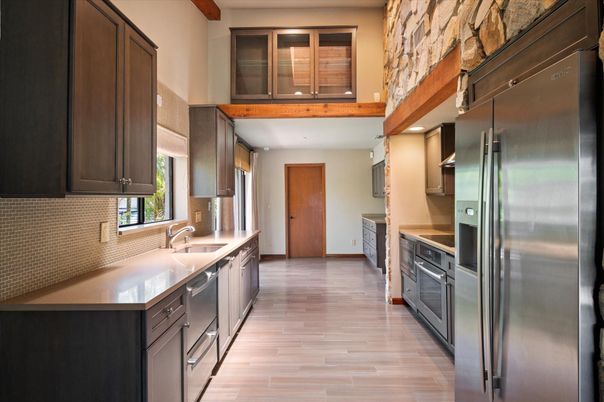 Interior, Kitchen, Recessed Lighting, Stainless Steel Appliances, Wooden Beams, Wood Texture Flooring