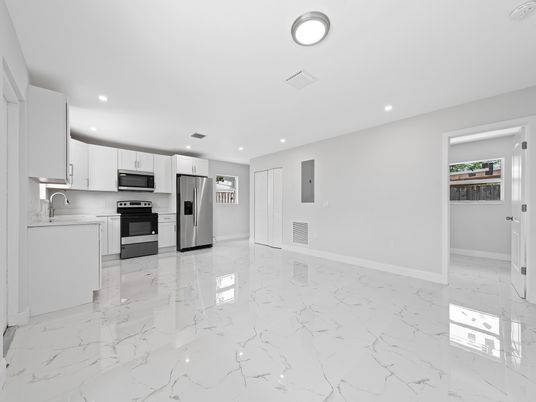 Interior, Kitchen, Marble, Recessed Lighting, Stainless Steel Appliances