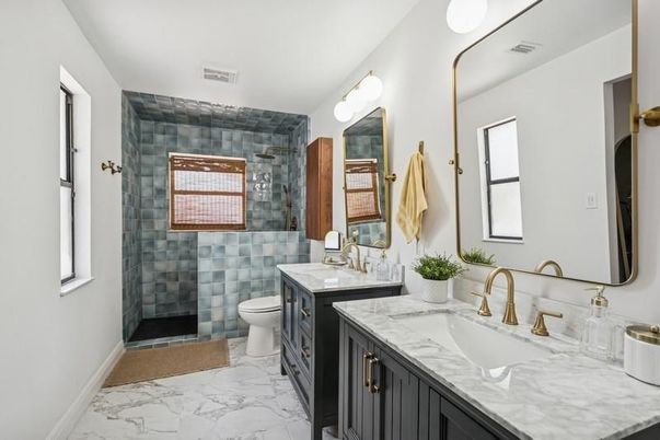 Bathroom, Dual Sink Vanities, Glass Shower, Interior, Marble