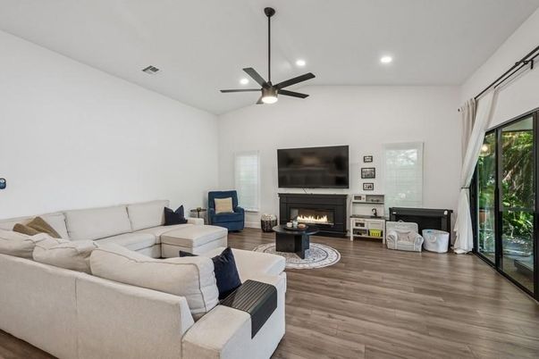 Fireplace, Interior, Living room, Recessed Lighting, Wood Texture Flooring