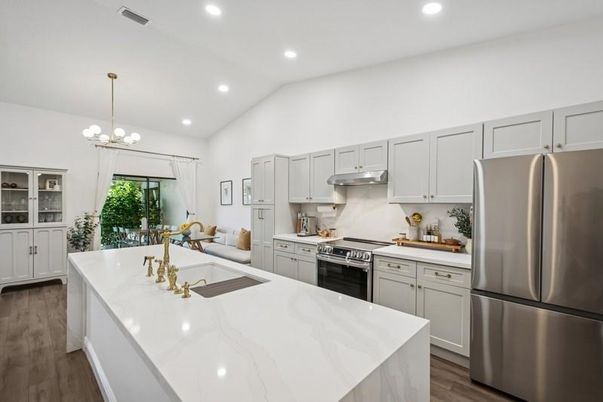Interior, Kitchen, Pendant Lights, Recessed Lighting, Stainless Steel Appliances, Wood Texture Flooring