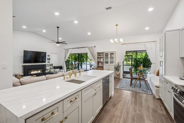 Dining room, Fireplace, Interior, Kitchen, Living room, Pendant Lights, Recessed Lighting, Wood Texture Flooring