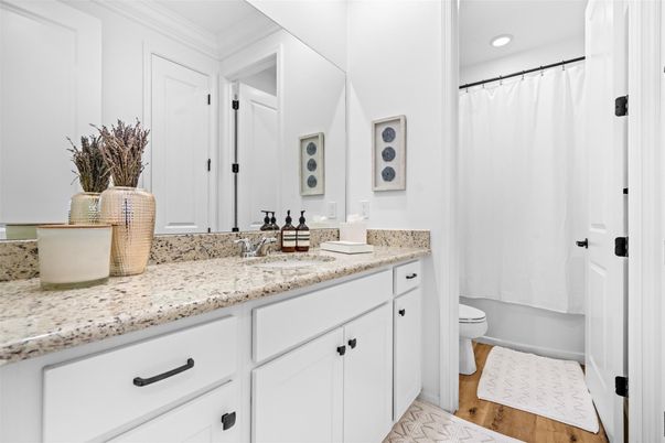 Bathroom, Dual Sink Vanities, Interior, Recessed Lighting, Wood Texture Flooring