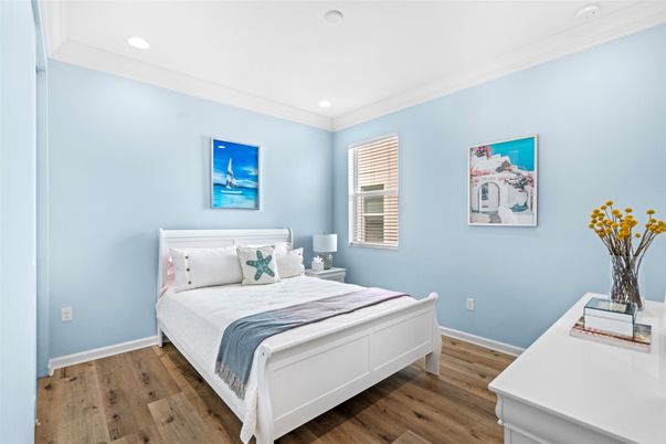 Bedroom, Interior, Recessed Lighting, Wood Texture Flooring