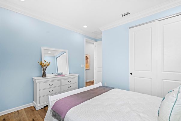 Bedroom, Interior, Recessed Lighting, Wood Texture Flooring