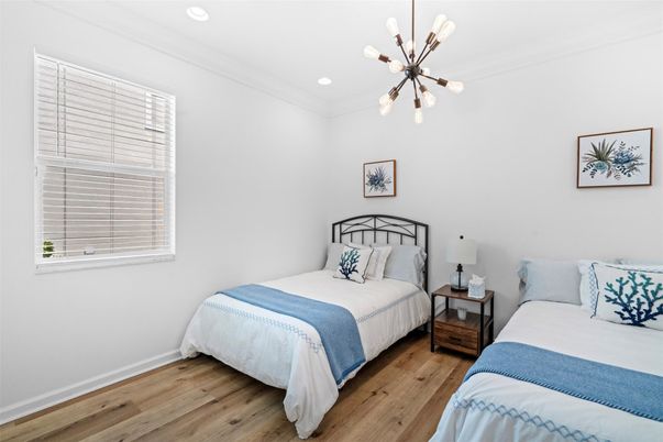 Bedroom, Interior, Pendant Lights, Recessed Lighting, Wood Texture Flooring