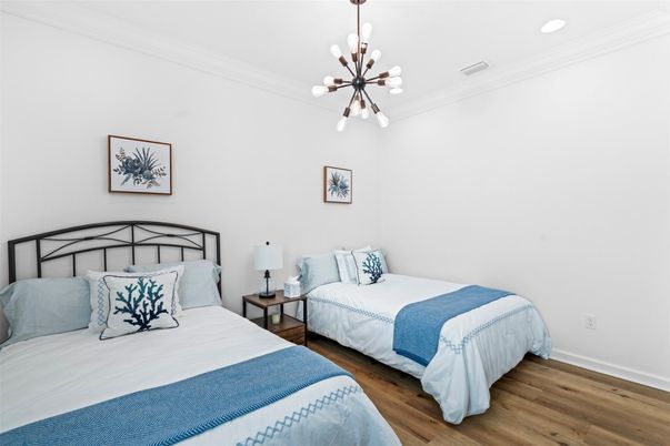 Bedroom, Interior, Pendant Lights, Recessed Lighting, Wood Texture Flooring