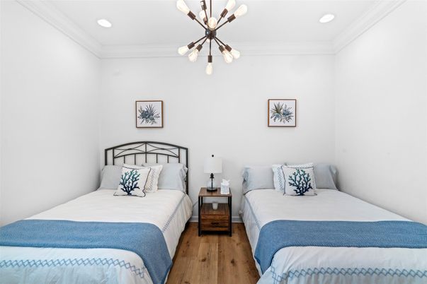 Bedroom, Interior, Pendant Lights, Recessed Lighting, Wood Texture Flooring