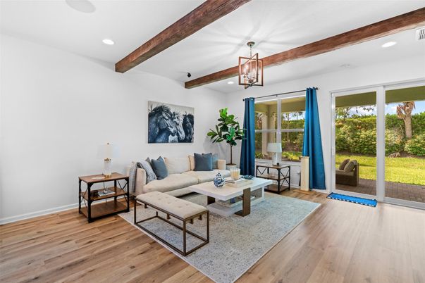 Interior, Living room, Pendant Lights, Recessed Lighting, Wooden Beams, Wood Texture Flooring