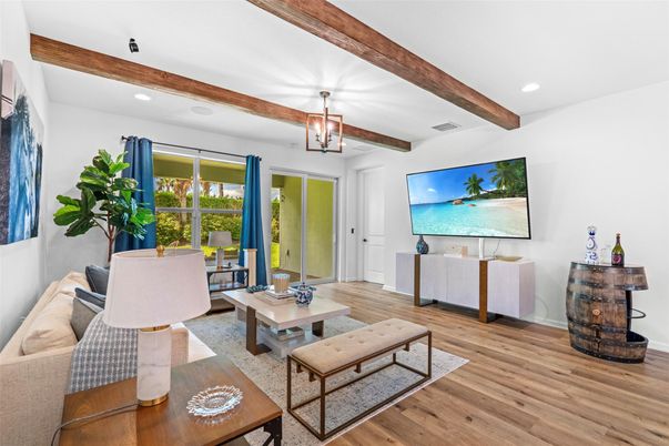 Interior, Living room, Recessed Lighting, Wooden Beams, Wood Texture Flooring