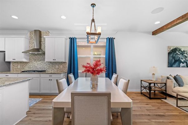 Dining room, Interior, Kitchen, Pendant Lights, Recessed Lighting, Stainless Steel Appliances, Wooden Beams, Wood Texture Flooring