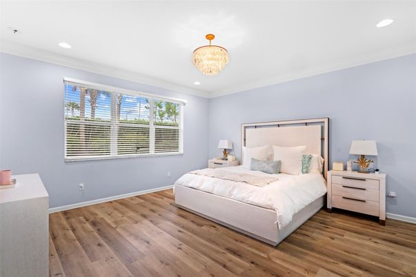 Bedroom, Chandelier, Interior, Recessed Lighting, Wood Texture Flooring