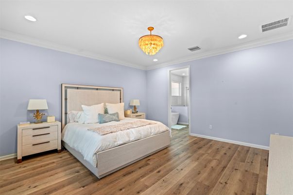 Bedroom, Chandelier, Interior, Recessed Lighting, Wood Texture Flooring