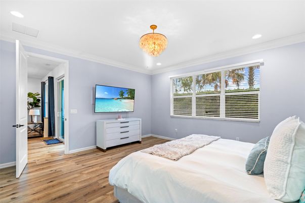 Bedroom, Chandelier, Interior, Recessed Lighting, Wood Texture Flooring