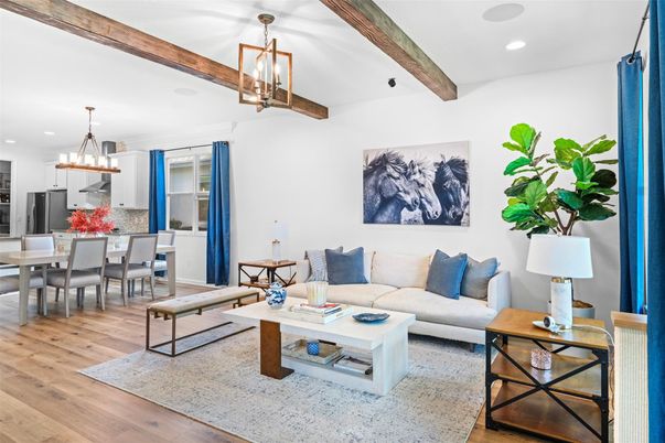 Dining room, Interior, Kitchen, Living room, Pendant Lights, Recessed Lighting, Wooden Beams, Wood Texture Flooring