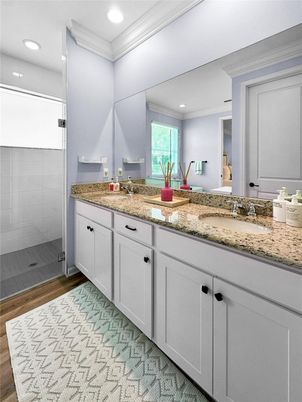 Bathroom, Dual Sink Vanities, Interior, Recessed Lighting, Wood Texture Flooring