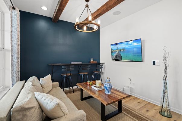 Interior, Living room, Pendant Lights, Recessed Lighting, Wooden Beams, Wood Texture Flooring